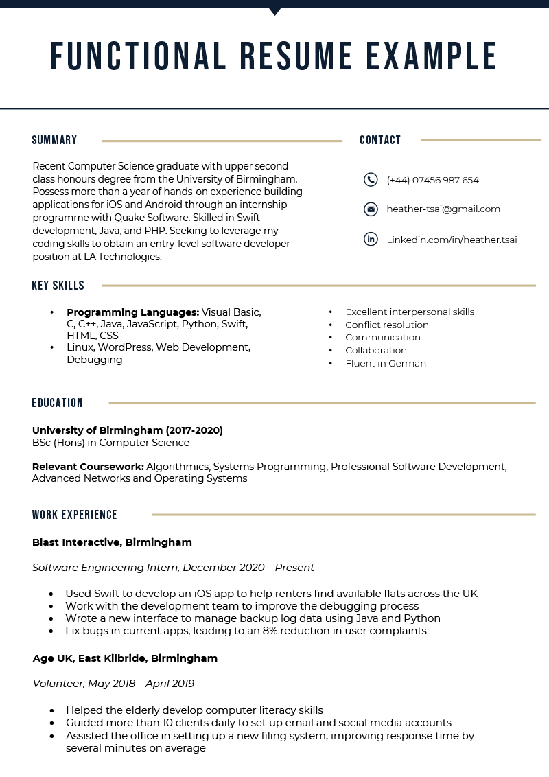 An image of a function resume example with a dark blue header and sections for the applicant's summary, contact information, key skills, education, and work experience