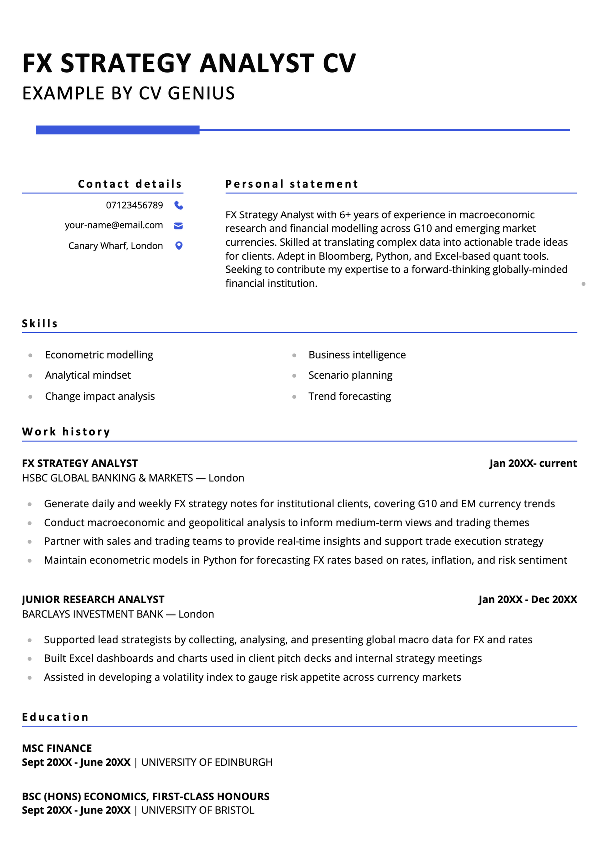 FX strategy analyst CV example