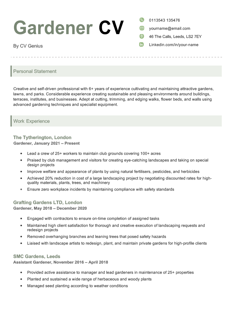 The first page of a gardener CV with the applicant's personal statement and work experience sections separated by pale green dividers.