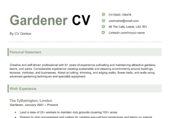 A gardener CV with green header font to highlight the applicant's professional title and pale green dividers to separate the personal statement and work experience sections.