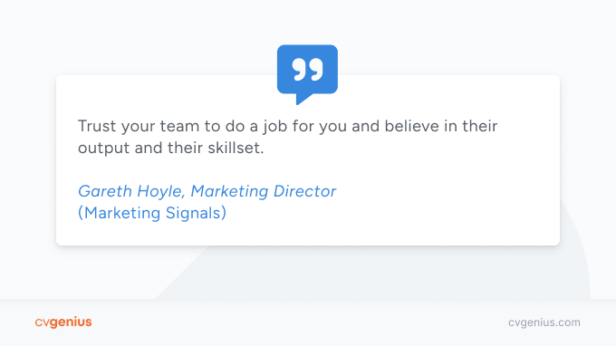 A quote from CV Genius's interview about implementing a successful four-day work week with Gareth Hoyle, Marketing Director of Marketing Signals