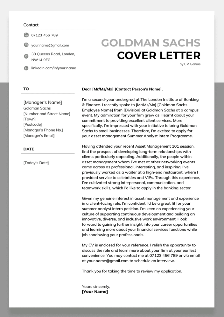 goldman sachs no cover letter