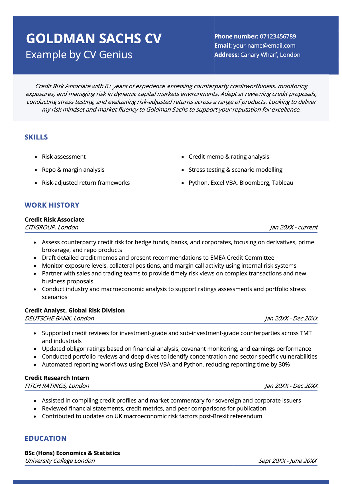 Goldman Sachs CV example