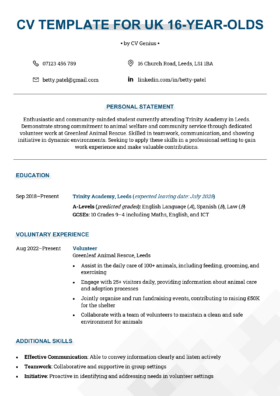 A CV template UK 16 year olds can use. It's got blue header text and the applicant's contact information in two columns at the top.