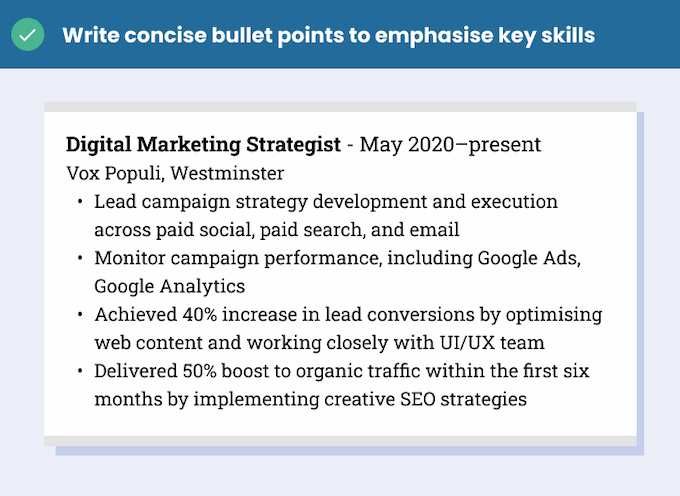 Work experience entry showing what makes a good CV with four short bullet points outlining the applicant's experience and achievements.