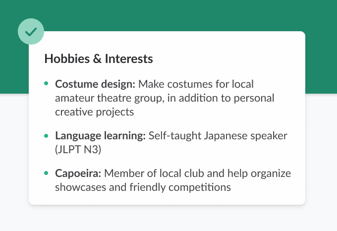 A detailed, well-written hobbies and interests section set against a green background.