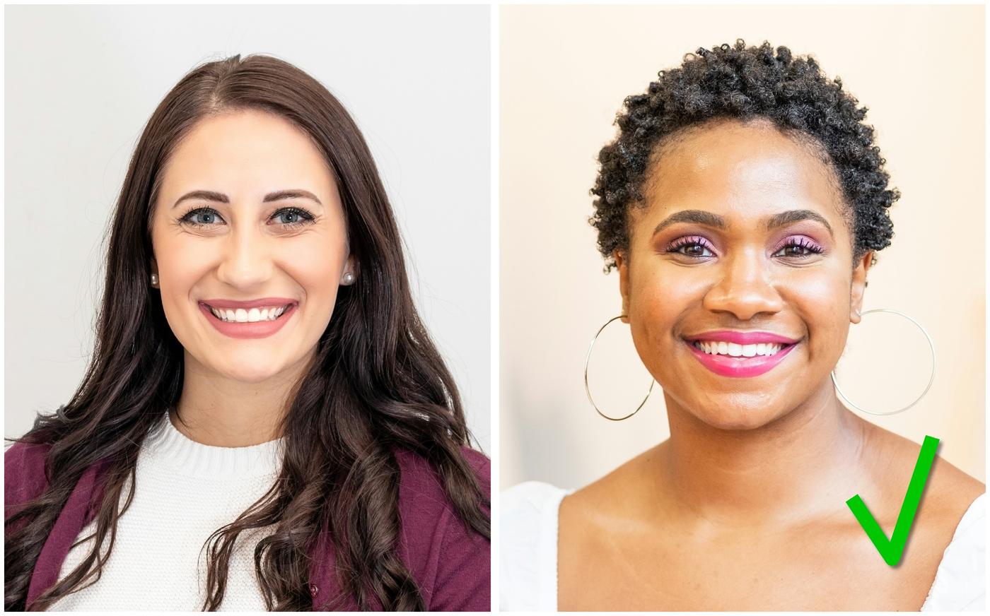 Example of good headshots for a CV. Both photos are evenly lit, clearly show the applicant