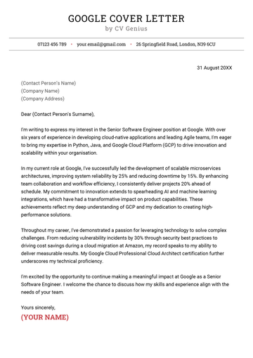 A Google cover letter example for UK job seekers.