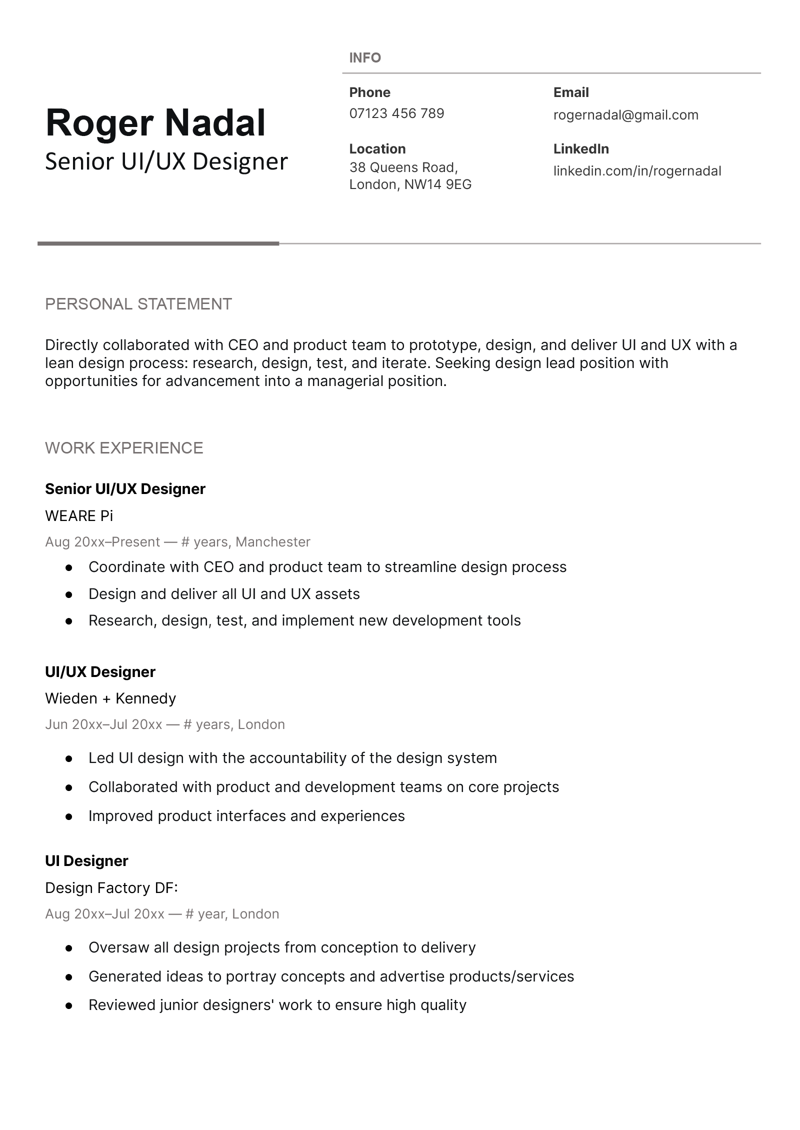 A third-party Google Docs CV template with a simple black and white design and the applicant's experience presented in short bulleted lists 