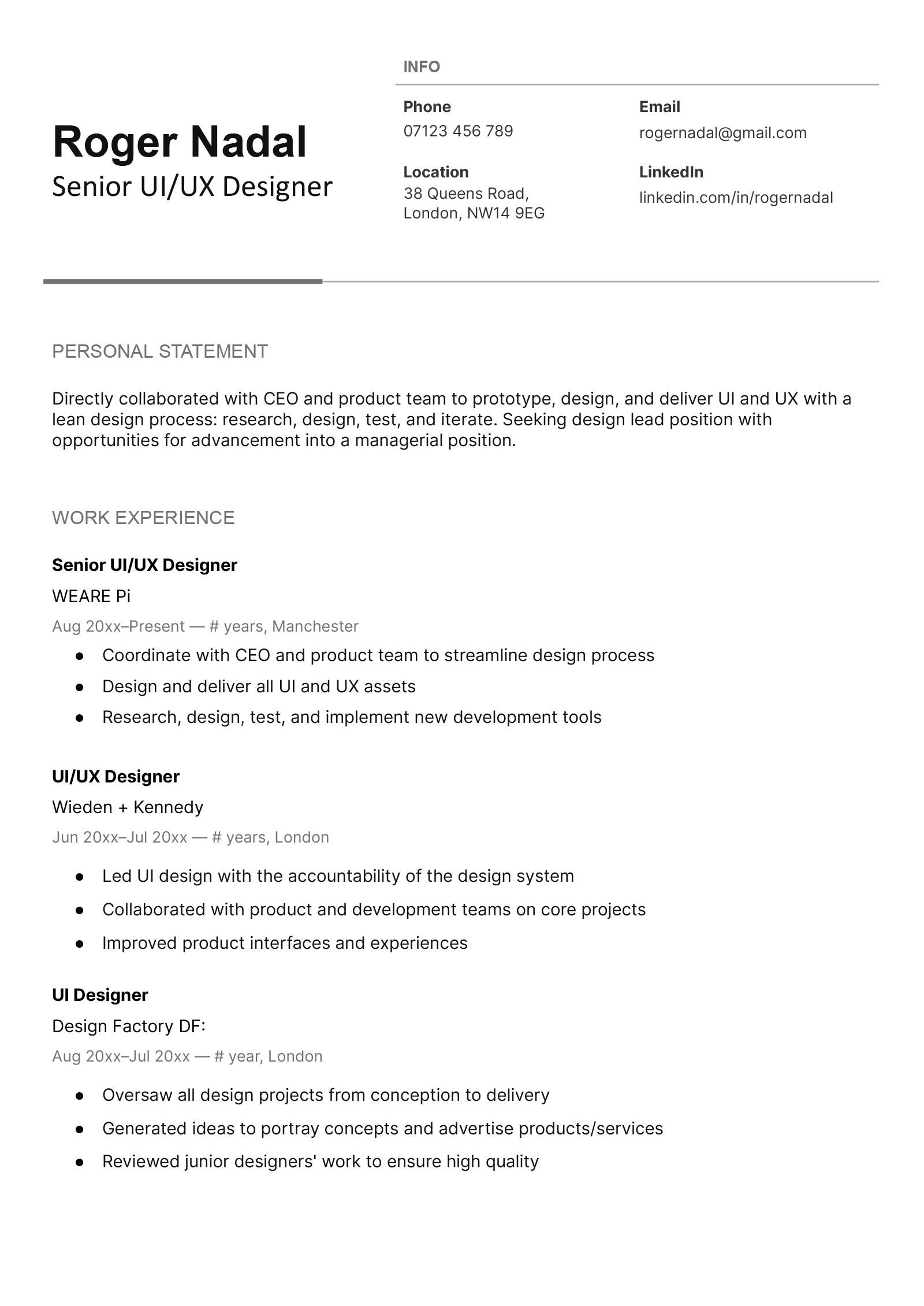 A third-party Google Docs CV template with a simple black and white design and the applicant