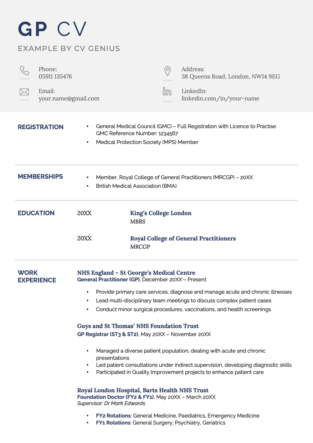 Gp Application Example General Practitioner (GP) CV Example & Writing Tips