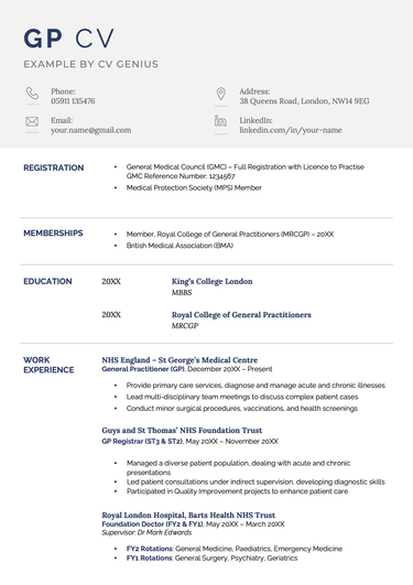 The first page of a GP CV example.