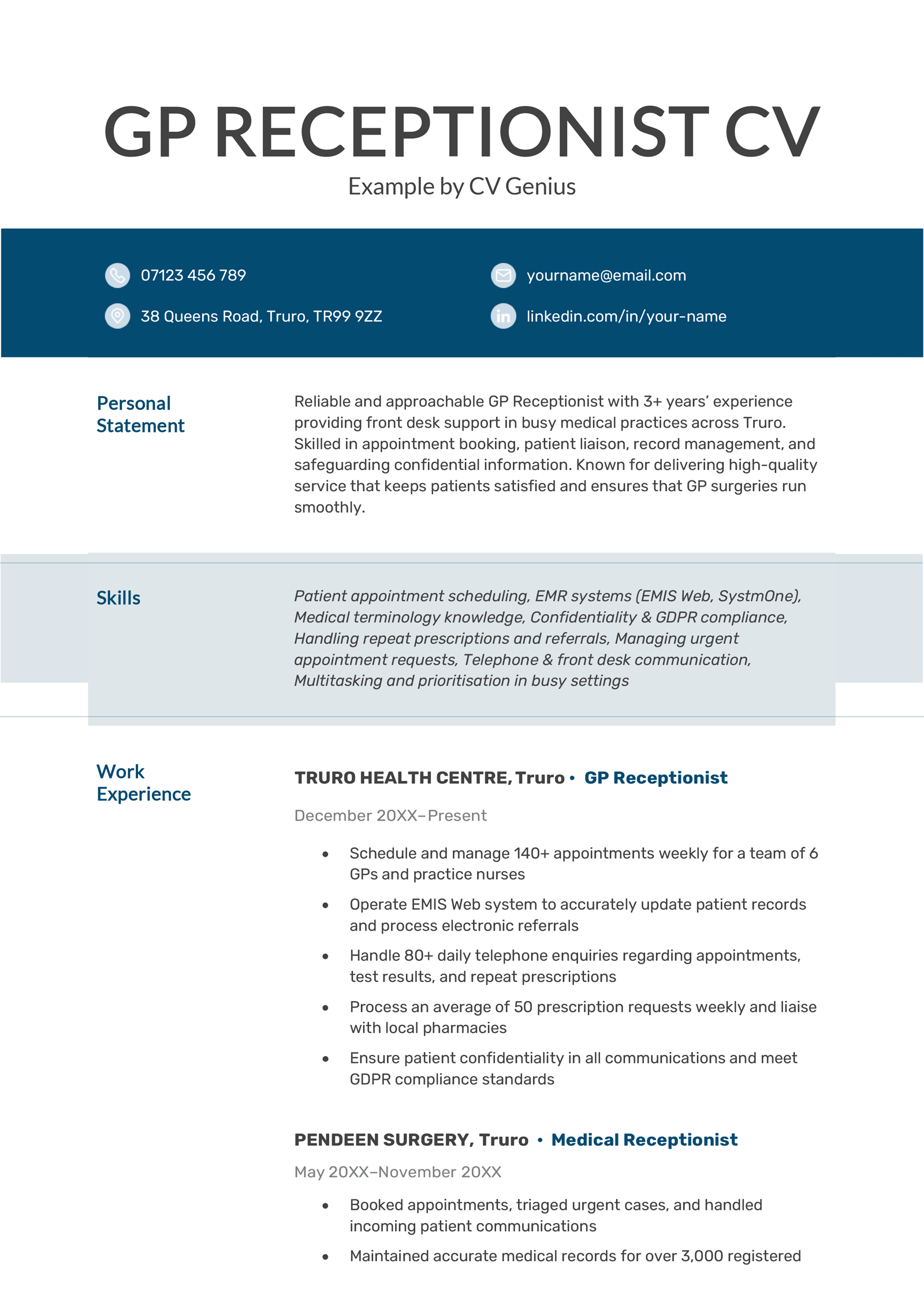 A GP receptionist CV example.
