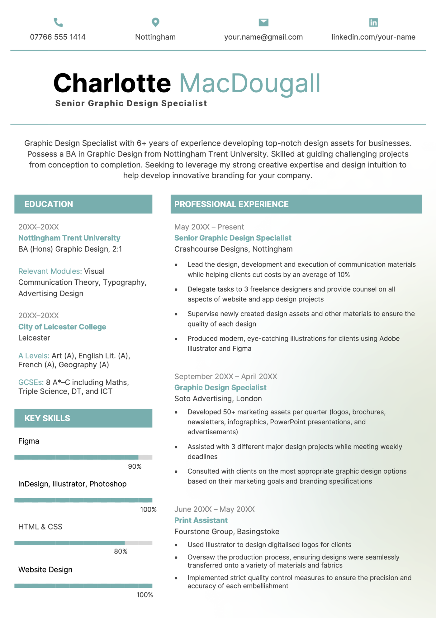 The gradient creative CV example in teal