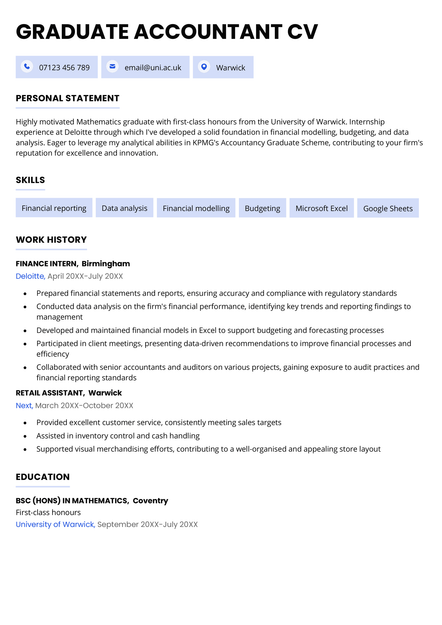 A graduate accountant CV example in blue.