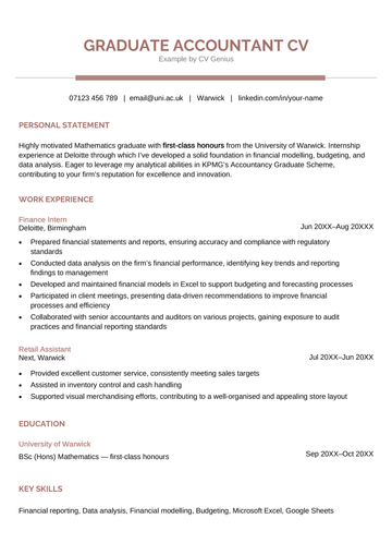 The first page of a graduate accountant CV example.