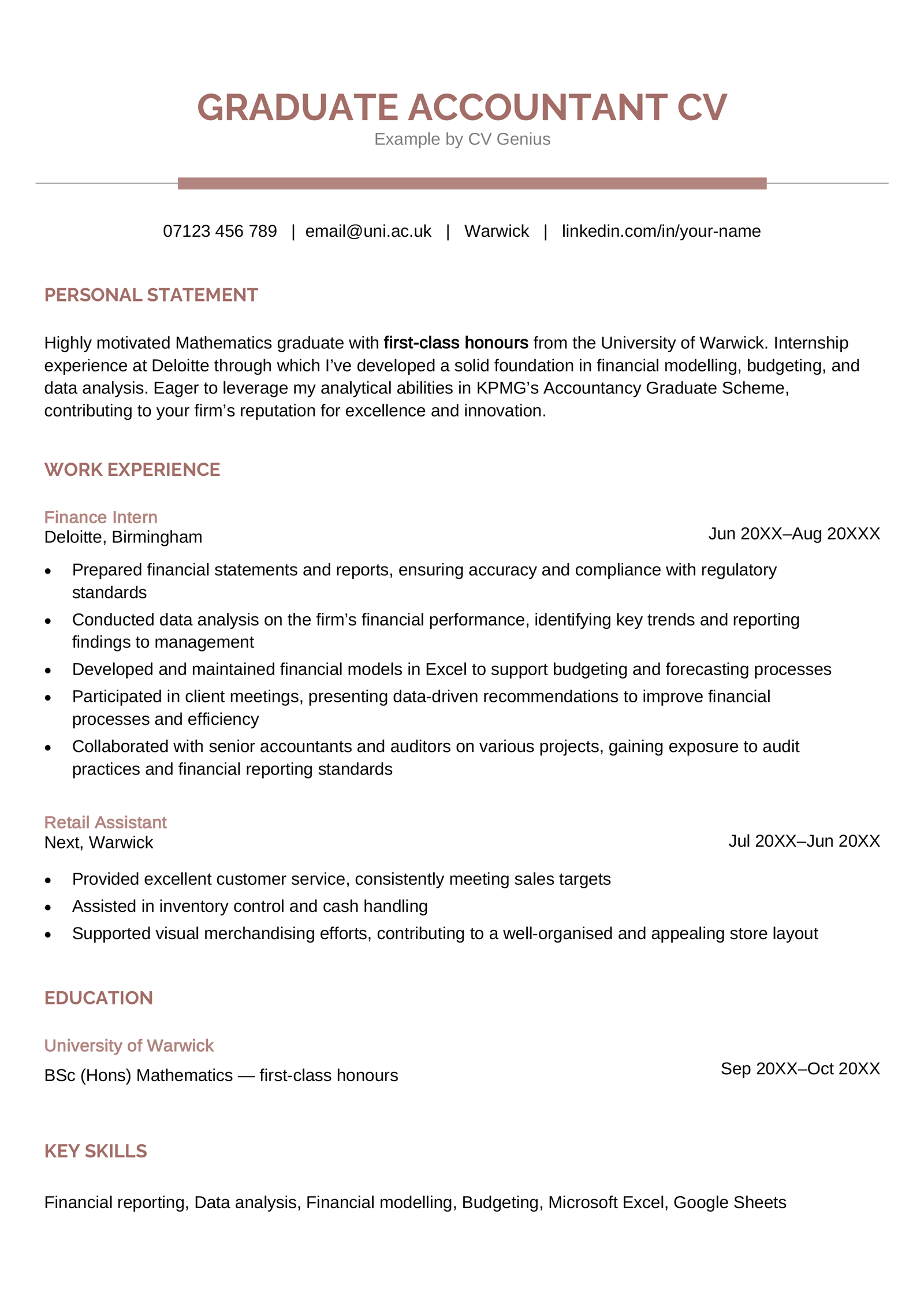 The first page of a graduate accountant CV example.