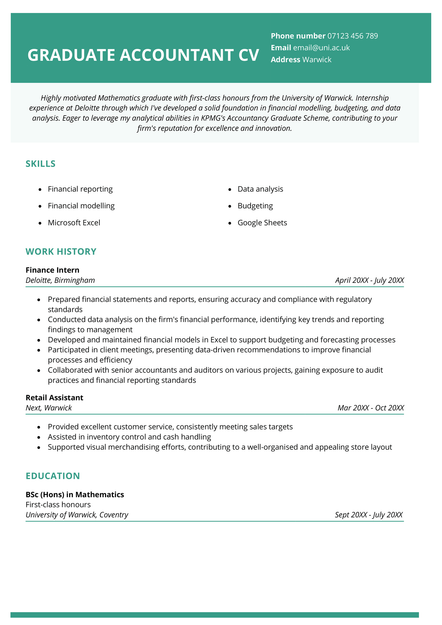 A graduate accountant CV example in green.