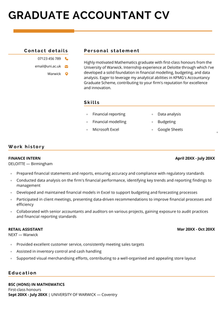 A graduate accountant CV example in orange.
