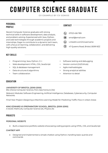 Page one of a graduate computer science CV example.