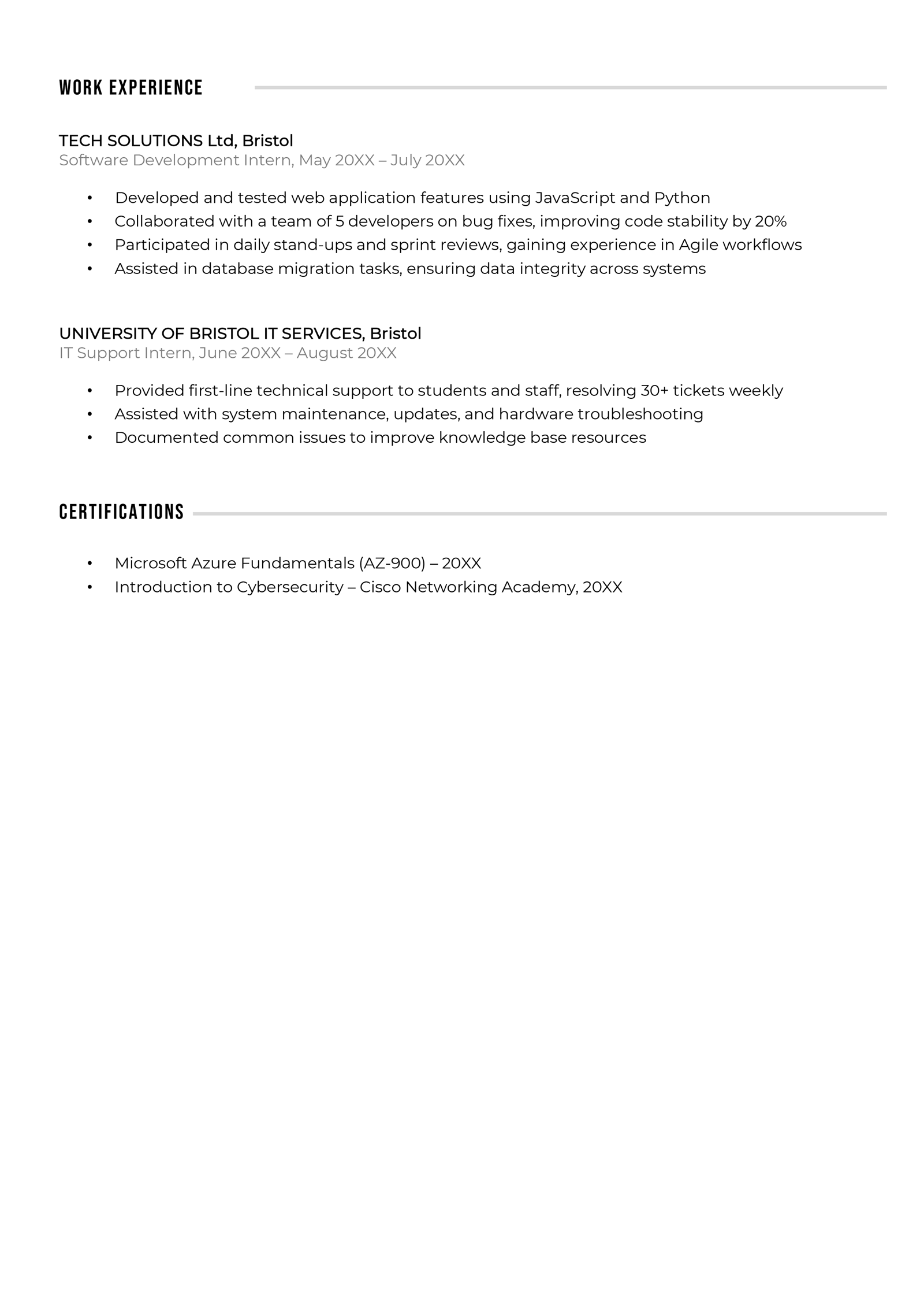 Page two of a graduate computer science CV example.