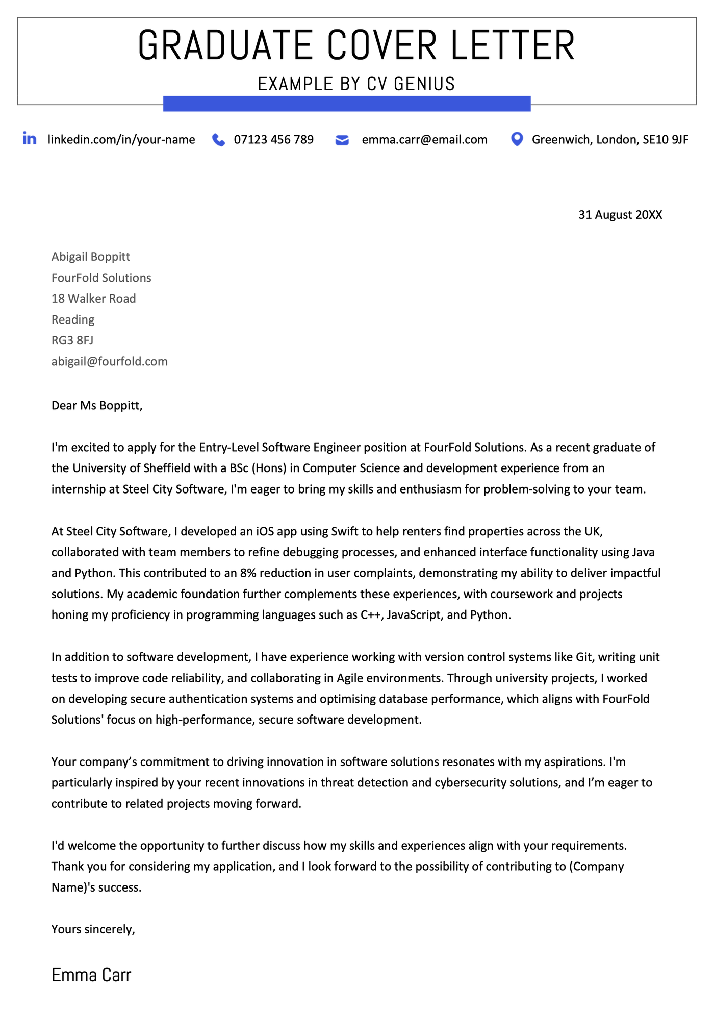 An example of how to write a cover letter for a recent graduate