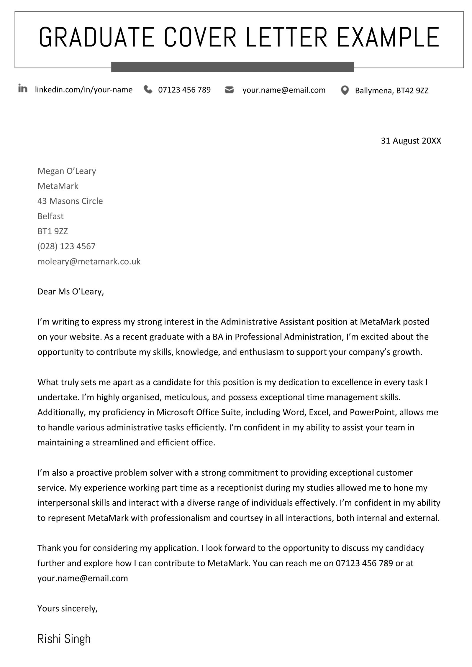 A graduate cover letter example in a blue-themed template.