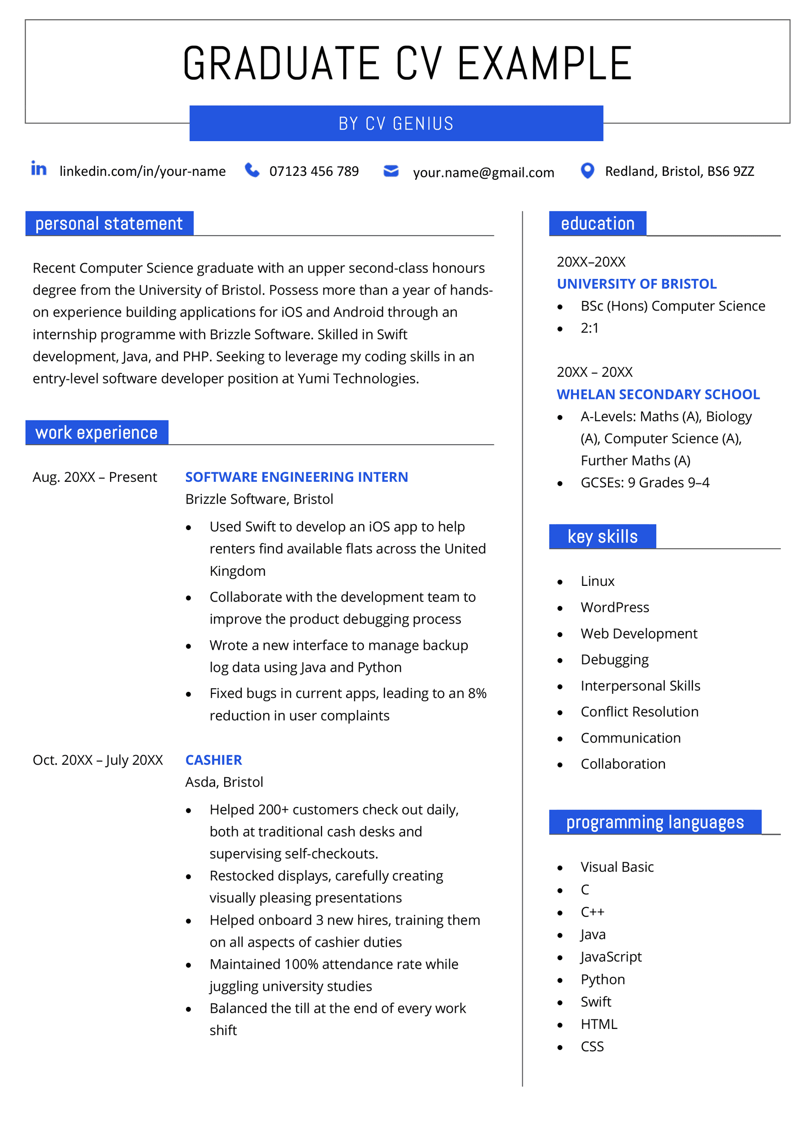 A graduate CV example on a creative CV template, featuring a Computer Science graduate looking for a job.