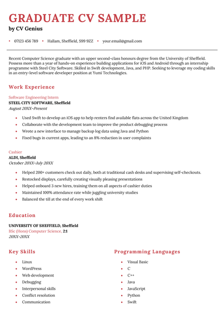 The graduate CV example in the St Albans template in red.