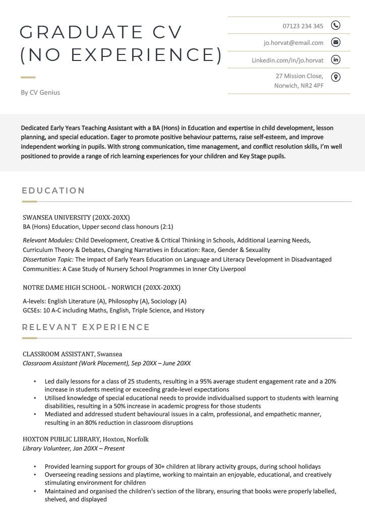 A CV for a university graduate with no experience that features a long education section and detailed relevant experience section.