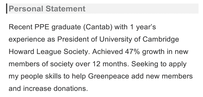 A graduate CV personal statement example with a black and grey section header.