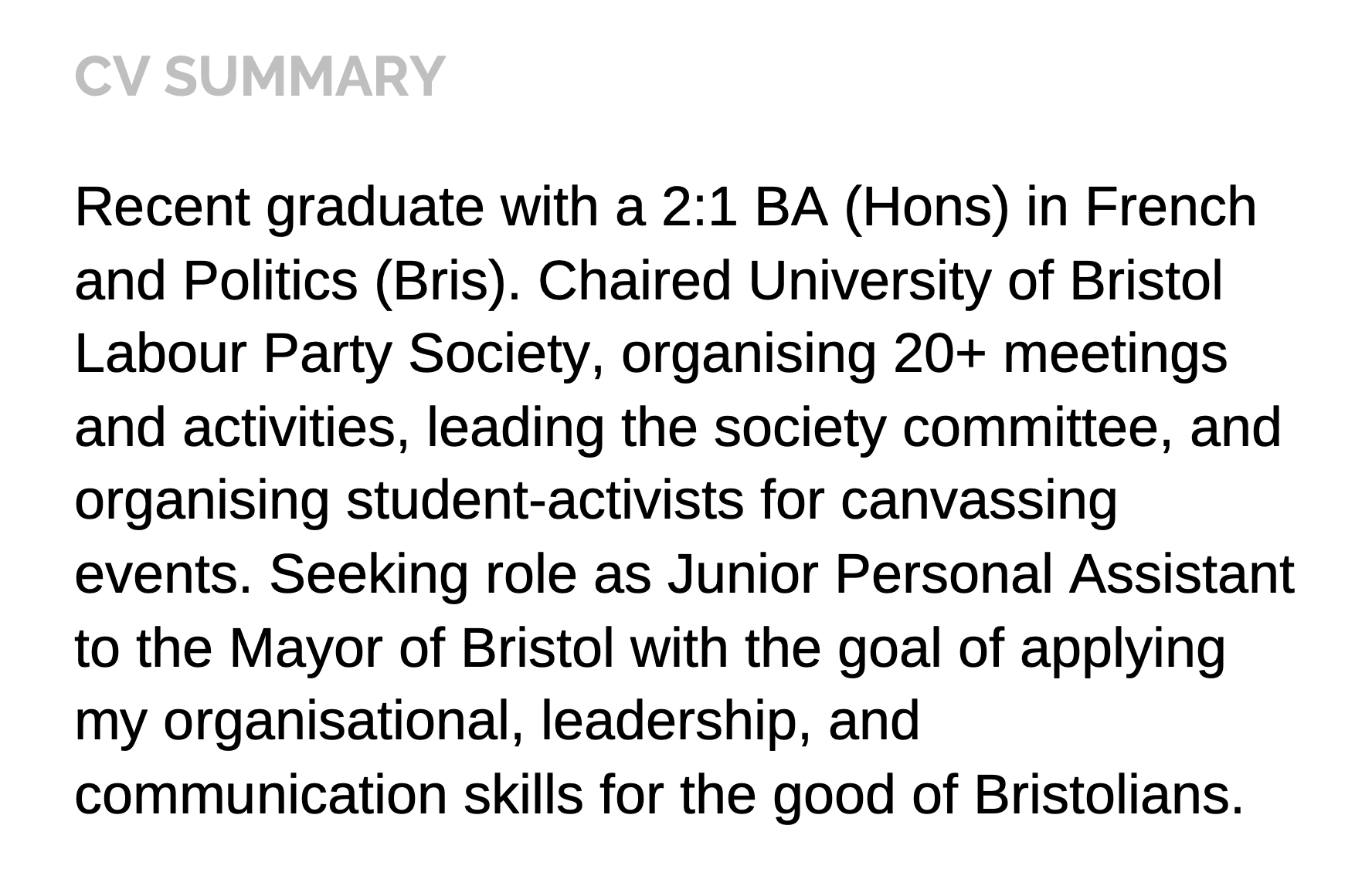 Recent graduate's CV summary with a grey summary title.