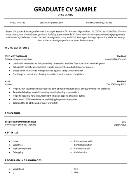 The graduate CV in the Birmingham CV template in black.