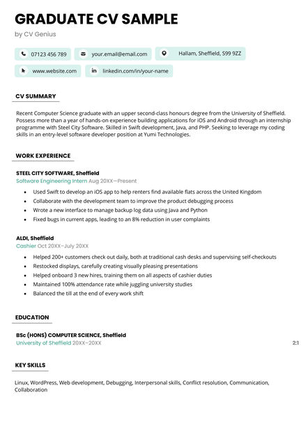 The graduate CV example in the Bristol CV template in green.