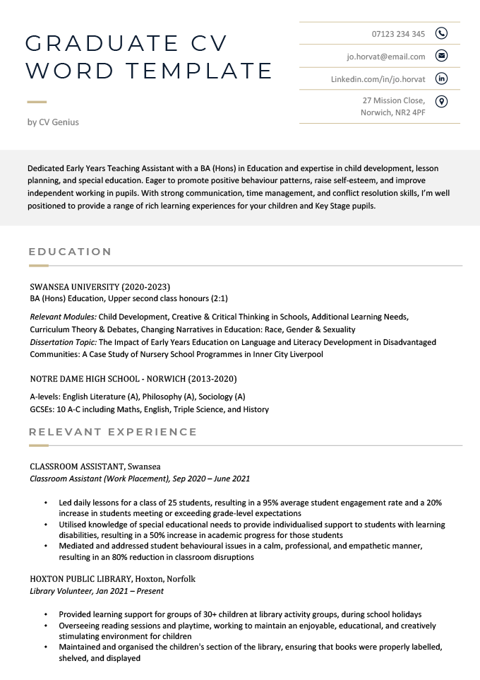 A CV template for Word with large title text, contact information in a right-aligned list across from the title, and then left-aligned information below.