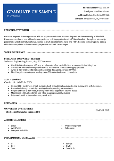 The graduate CV example in the Westminster CV template in navy blue.