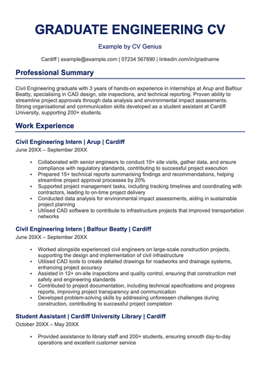 The first page of a graduate engineering CV example