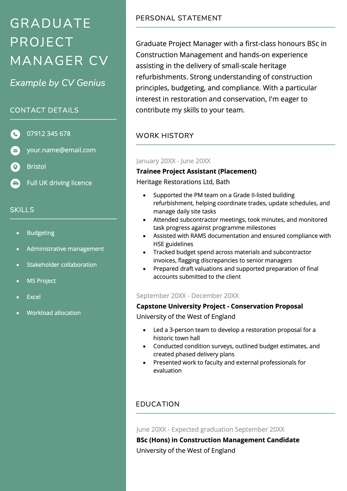 A graduate project manager CV example