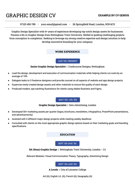 Example graphic design CV using a navy blue template design