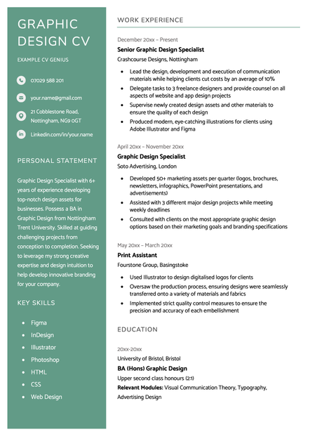 Example graphic design CV using a green template design