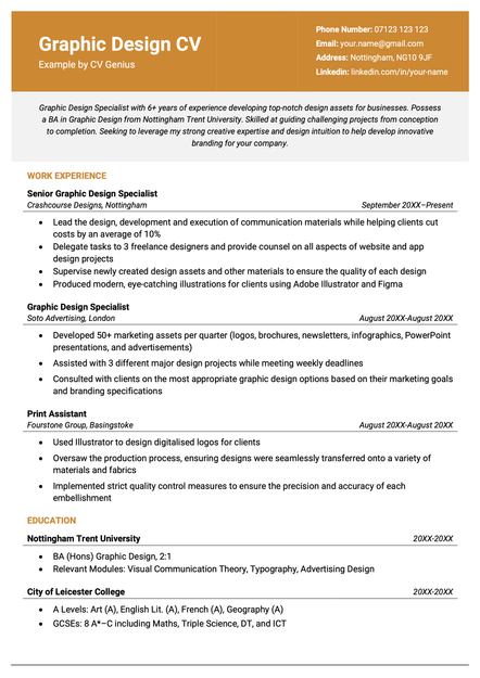 Example graphic design CV using an orange template design