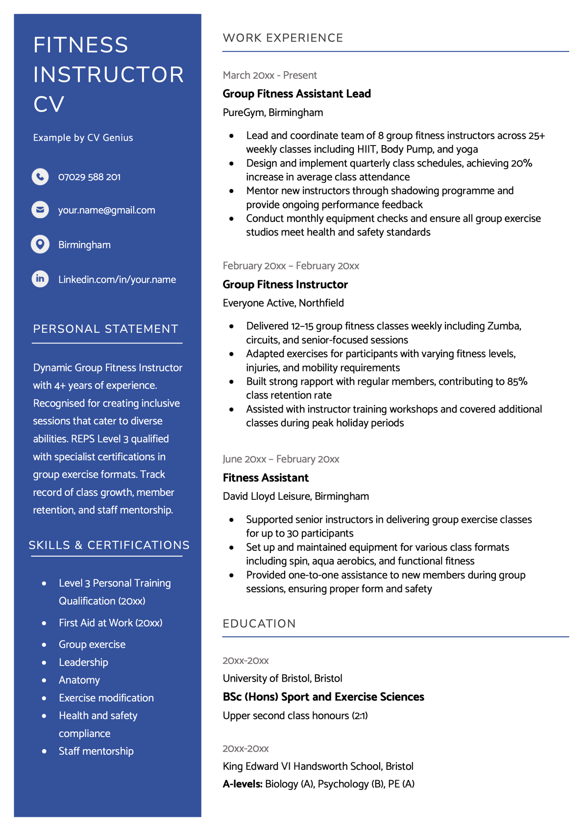 An example fitness instructor CV.