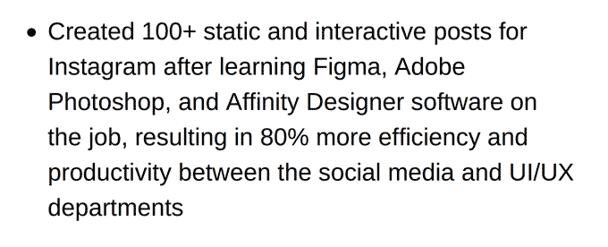 A work experience bullet point accentuating the applicant's growth mindset and willingness to learn new skills