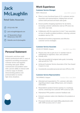 CV template with a powder blue vertical banner featuring a white box containing a personal statement
