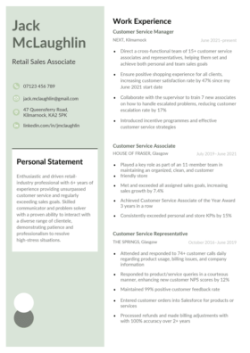 CV template with a light green vertical banner featuring a white box containing a personal statement