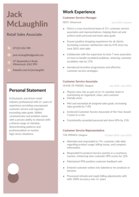 CV template with a maroon vertical banner featuring a white box containing a personal statement