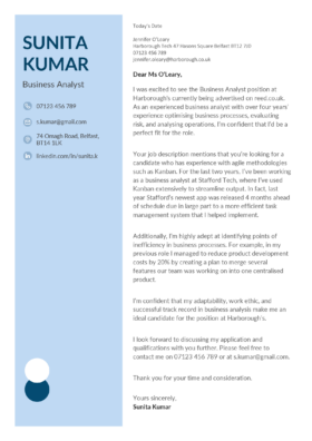 A non-traditional cover letter template with a light blue sidebar for the writer's contact information, all other information in the right column.