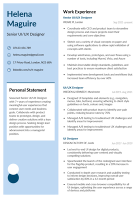 The Guernsey CV Template, a creative CV template with a blue left-hand margin, a white text box containing the personal statement, and three work experience entries showing UI/UX designer experience.