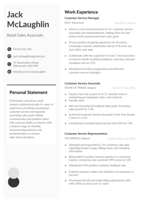 The Guernsey CV template in black and white. The applicant's name, contact information (with CV icons), and personal statement are in a column on the left, and three work experience entries fill the right column.