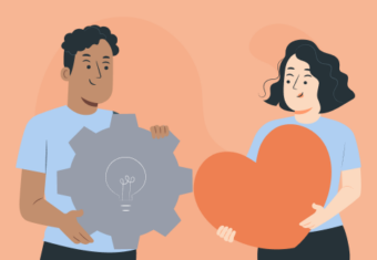 A man holding a cog and a woman holding a heart to represent the difference between hard and soft skills.